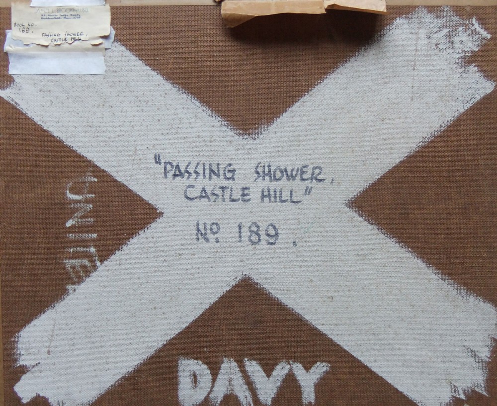 A framed oil painting depicting Castle Hill in Huddersfield with sheep grazing in a green pastoral field beneath a pale sky. View III