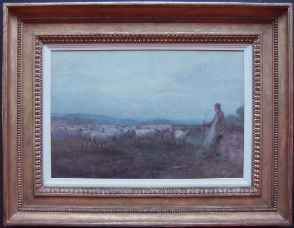 A framed watercolour painting depicting a shepherd and a flock of sheep in a dusky countryside landscape, enclosed within a heavily moulded gold gilt frame.