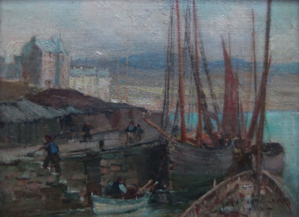 An impressionist oil painting depicting a harbour scene with moored fishing boats, tall rigging masts, figures on the quay, and stone buildings under a muted blue sky.