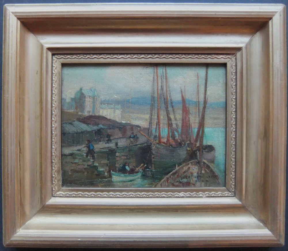 An impressionist oil painting depicting a harbour scene with moored fishing boats, tall rigging masts, figures on the quay, and stone buildings under a muted blue sky. View II