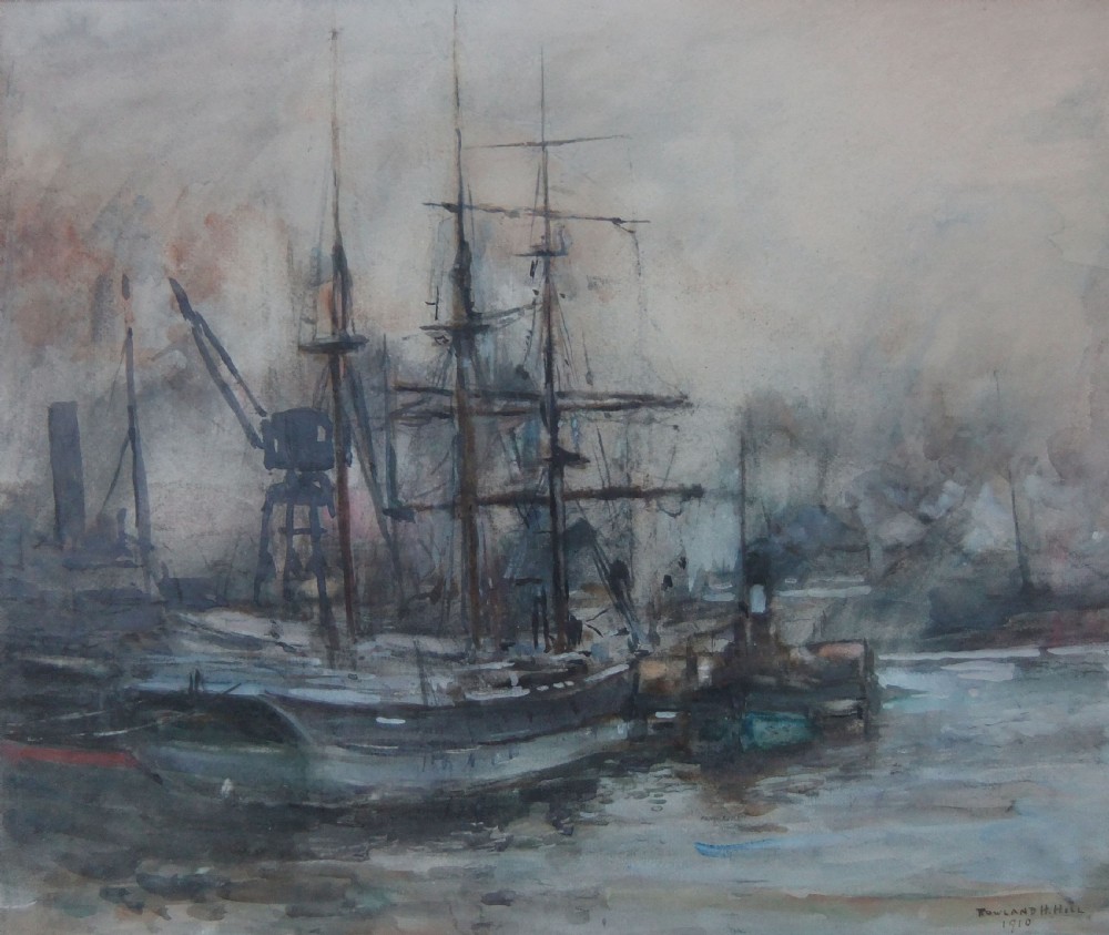 An Edwardian watercolour painting depicting tall ships, rigging, and cranes in a misty dockyard using muted grey and blue tones.