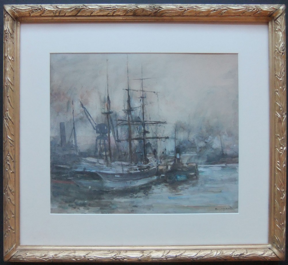 An Edwardian watercolour painting depicting tall ships, rigging, and cranes in a misty dockyard using muted grey and blue tones. View II