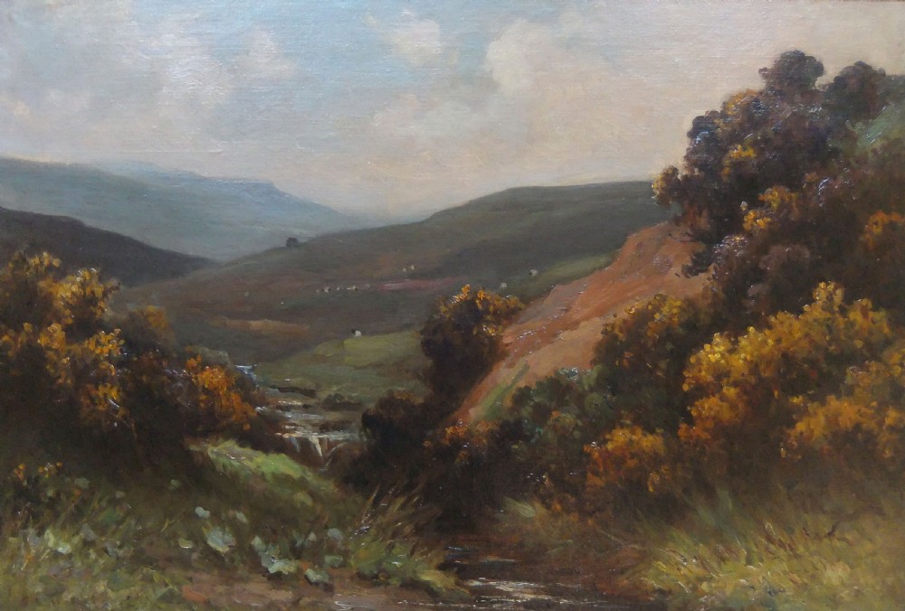 An impressionistic oil painting depicting a winding stream running through moorland under a hazy sky.