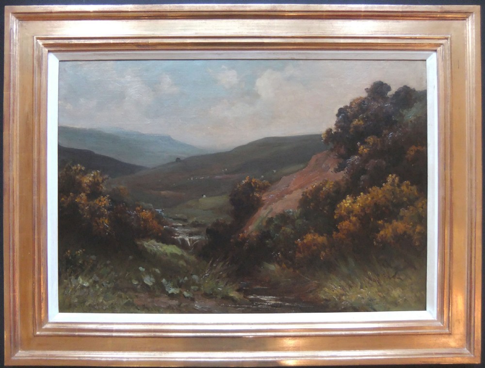 An impressionistic oil painting depicting a winding stream running through moorland under a hazy sky. View II