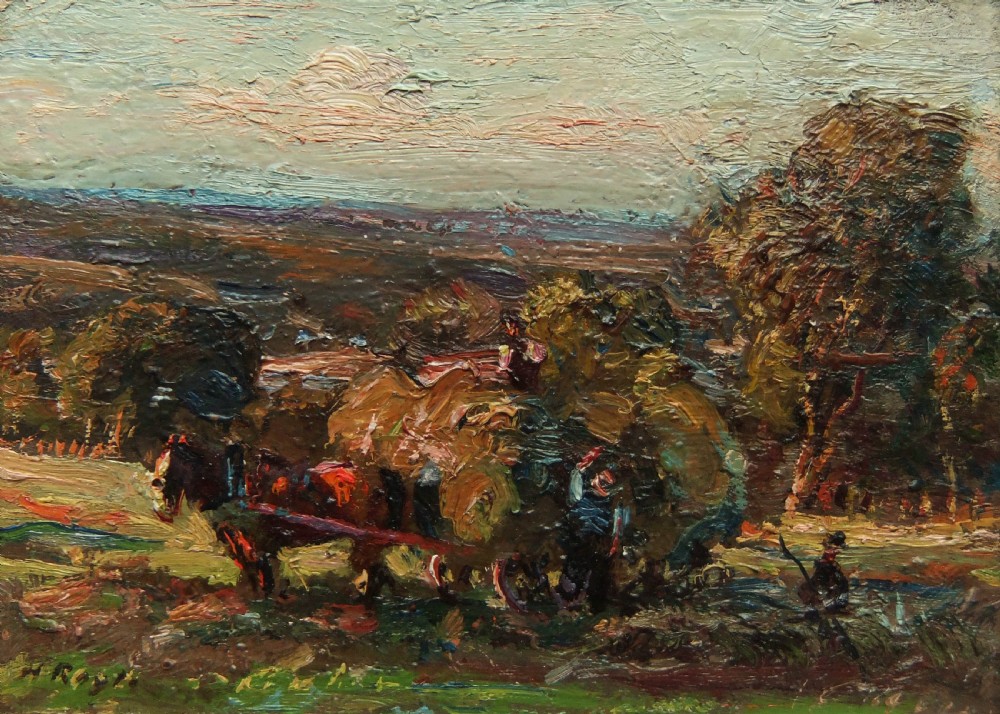 An impressionist oil painting depicting a horse-drawn hay cart surrounded by figures in a rural landscape.