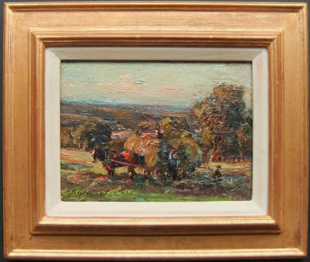 An impressionist oil painting depicting a horse-drawn hay cart surrounded by figures in a rural landscape. View II