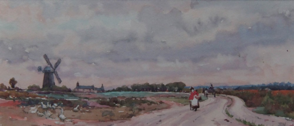 A panoramic watercolour painting depicting a winding dirt road in a rural landscape with a dark windmill under a cloudy sky.