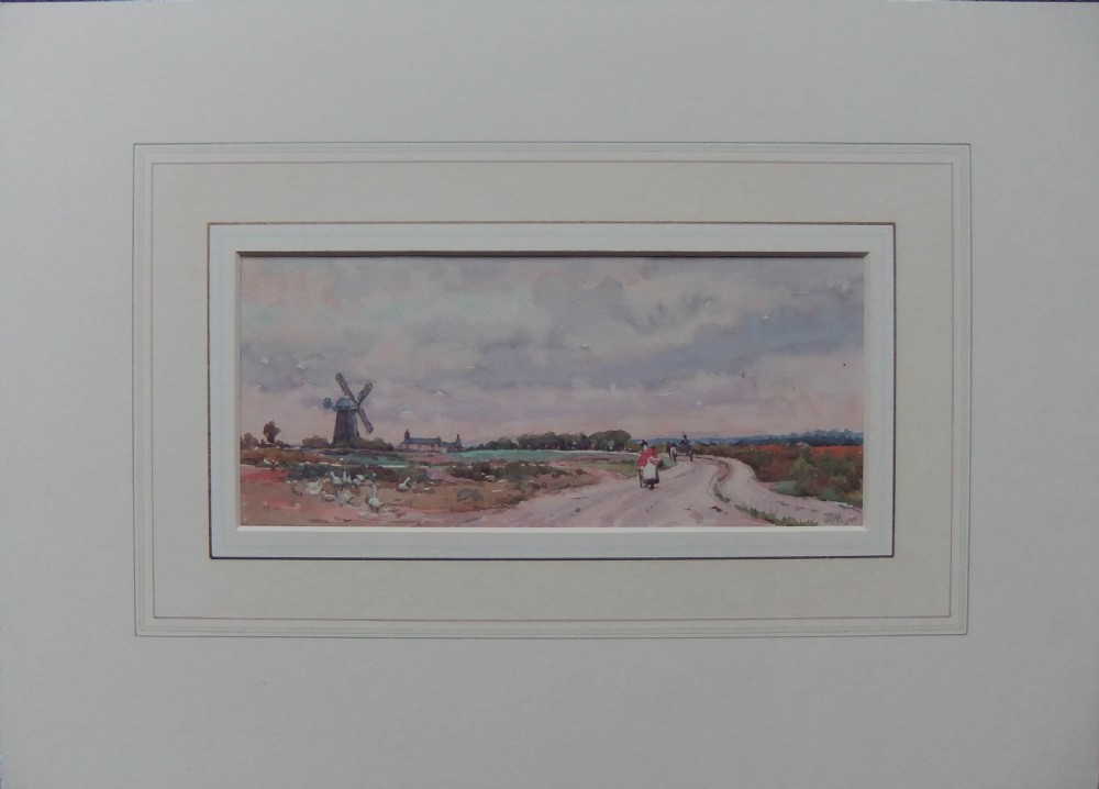 A panoramic watercolour painting depicting a winding dirt road in a rural landscape with a dark windmill under a cloudy sky. View II