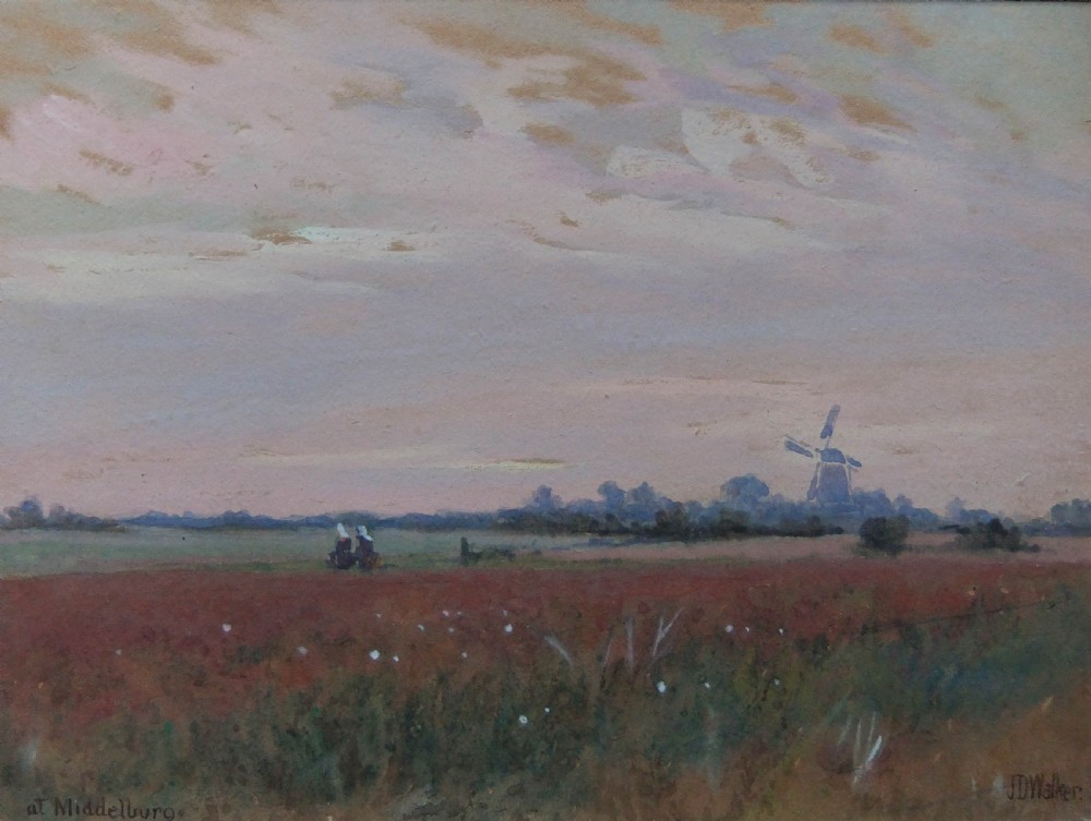 A watercolour landscape painting by John D. Walker depicting a field in Middelburg, Holland, featuring figures, a windmill, and a dusty pink sky.
