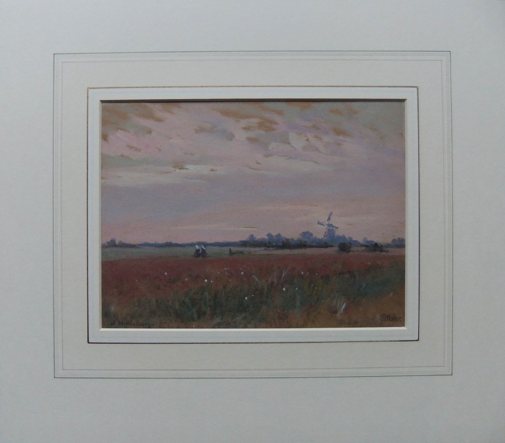 A watercolour landscape painting by John D. Walker depicting a field in Middelburg, Holland, featuring figures, a windmill, and a dusty pink sky. View II