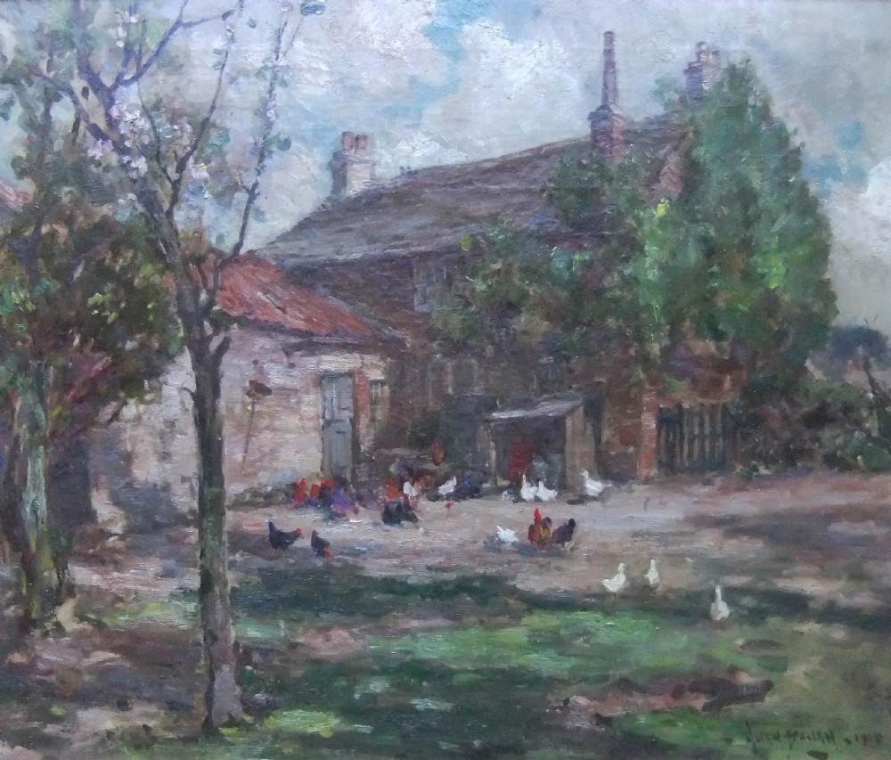 An oil painting depicting a rural farmyard scene with stone farm buildings, trees, and free-roaming chickens under a cloudy sky.