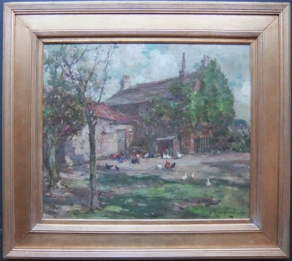 An oil painting depicting a rural farmyard scene with stone farm buildings, trees, and free-roaming chickens under a cloudy sky. View II