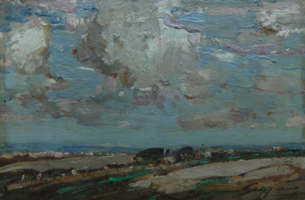 An impressionist landscape oil painting on panel depicting a low horizon beneath a cloudy blue and grey sky.
