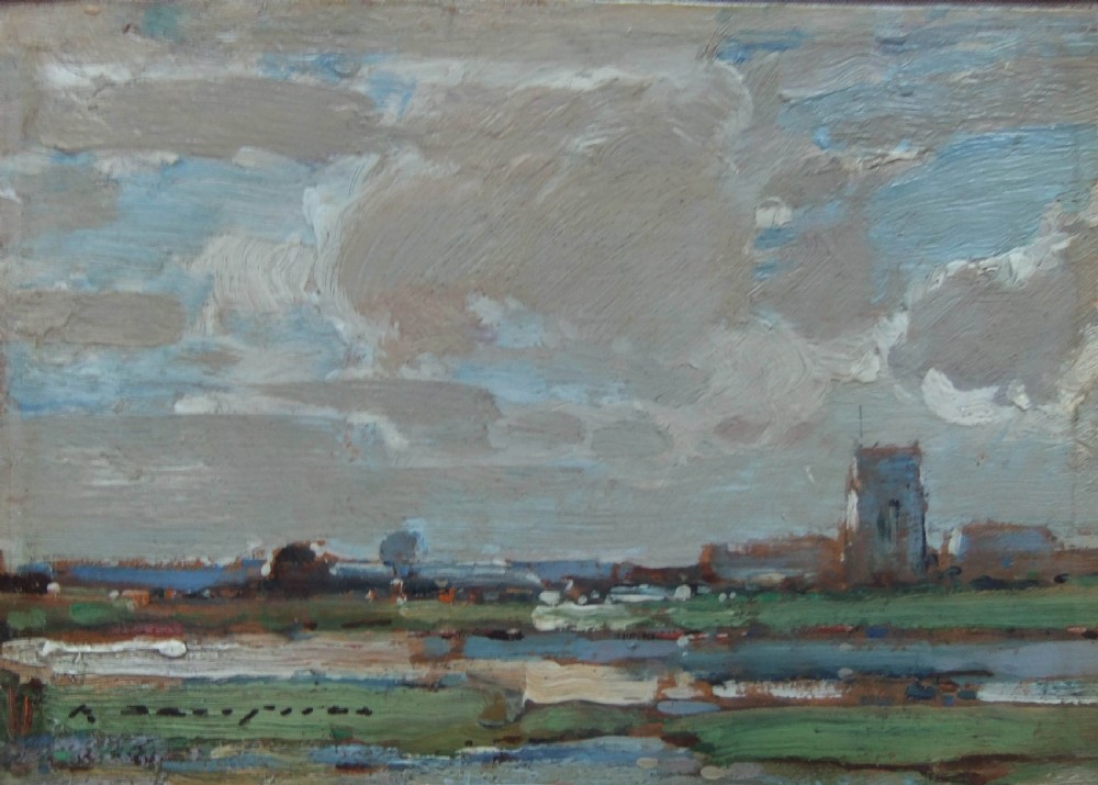 An impressionist oil landscape painting featuring an expansive cloudy sky over a flat field with a church tower silhouette on the right horizon.