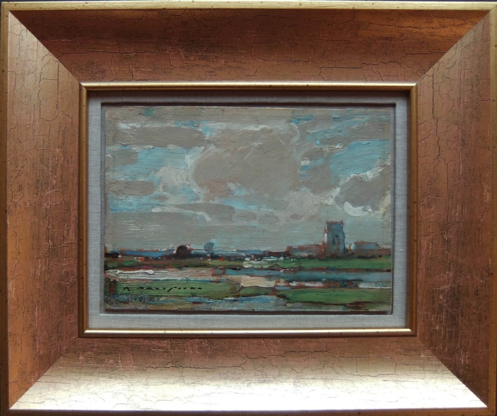 An impressionist oil landscape painting featuring an expansive cloudy sky over a flat field with a church tower silhouette on the right horizon. View II