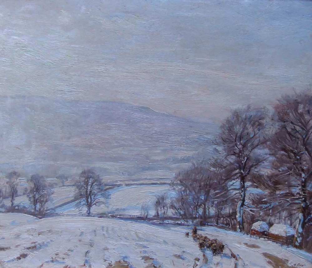 An impressionist oil painting depicting a snow-covered countryside valley with bare trees and a flock of sheep on a winter path.