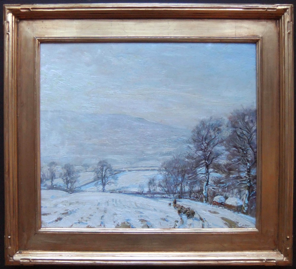 An impressionist oil painting depicting a snow-covered countryside valley with bare trees and a flock of sheep on a winter path. View II