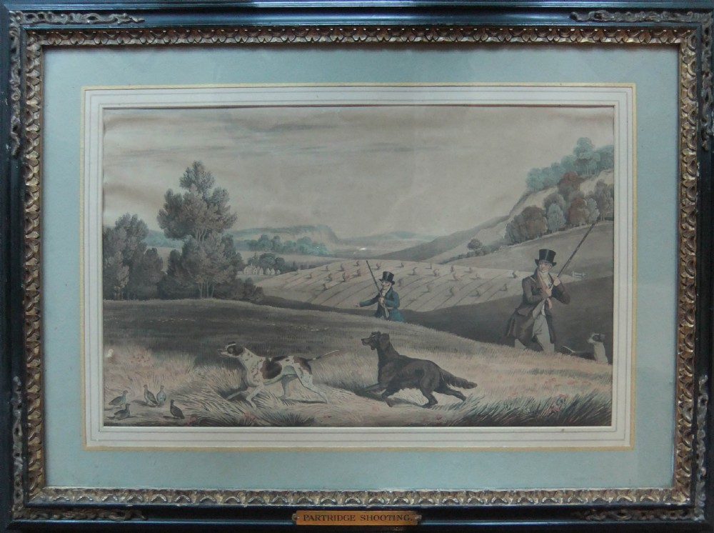 A set of four framed nineteenth-century sporting prints depicting game bird shooting scenes set within dark moulded frames with gilt details. View V