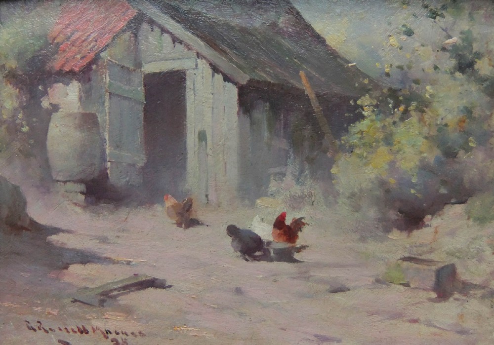 An impressionist oil painting depicting a rustic wooden barn with chickens feeding in a hazy farmyard.