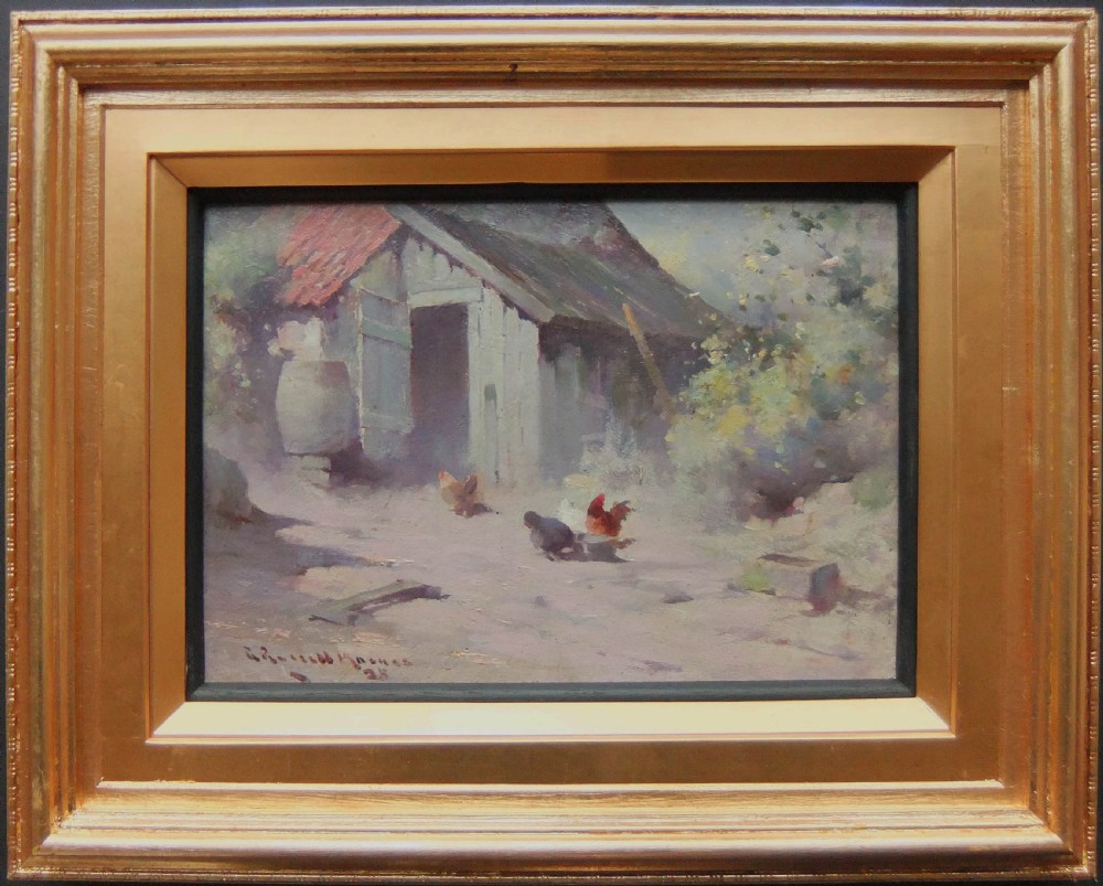 An impressionist oil painting depicting a rustic wooden barn with chickens feeding in a hazy farmyard. View II