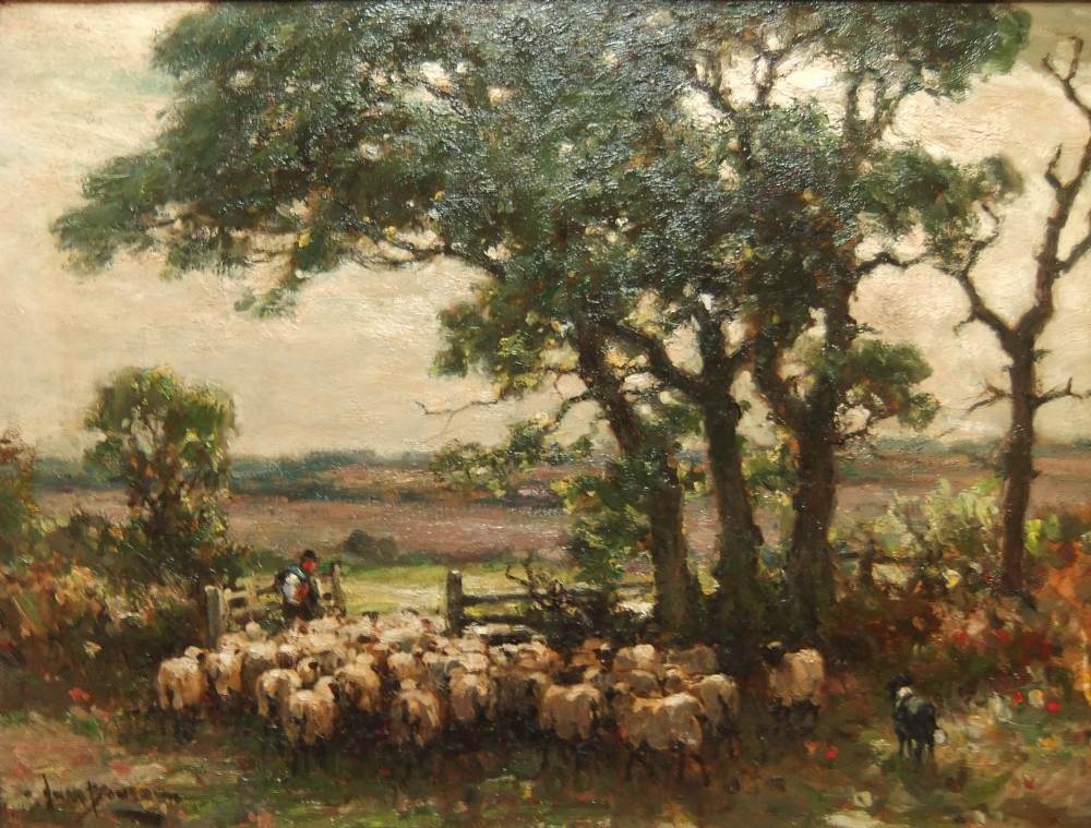 An oil painting depicting a shepherd driving a flock of sheep through a wooden field gate under tall trees.