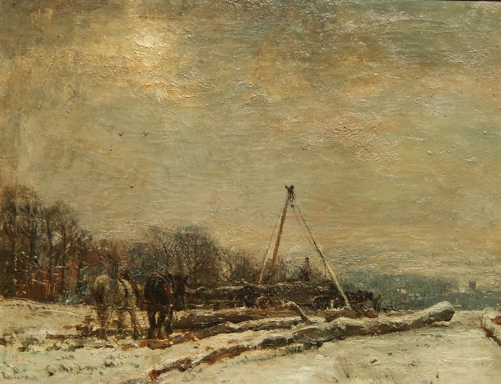 An antique oil painting depicting a snow-covered Yorkshire winter landscape with working horses, felled timber logs, and an overcast grey sky.