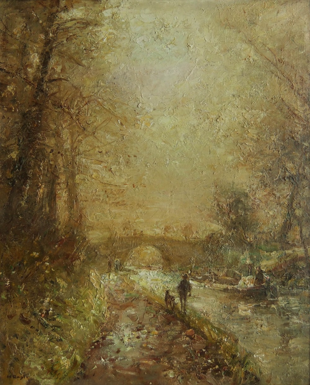 An impressionist oil painting depicting a canal towpath with figures walking under bare trees towards a stone bridge in golden brown tones.