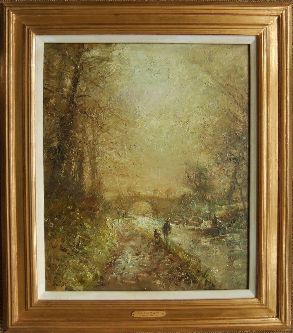 An impressionist oil painting depicting a canal towpath with figures walking under bare trees towards a stone bridge in golden brown tones. View II