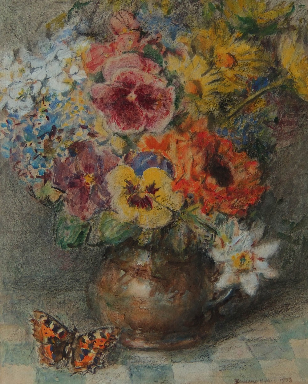A watercolour painting depicting a vase filled with colorful spring flowers including pansies, alongside a butterfly resting on a chequered surface.