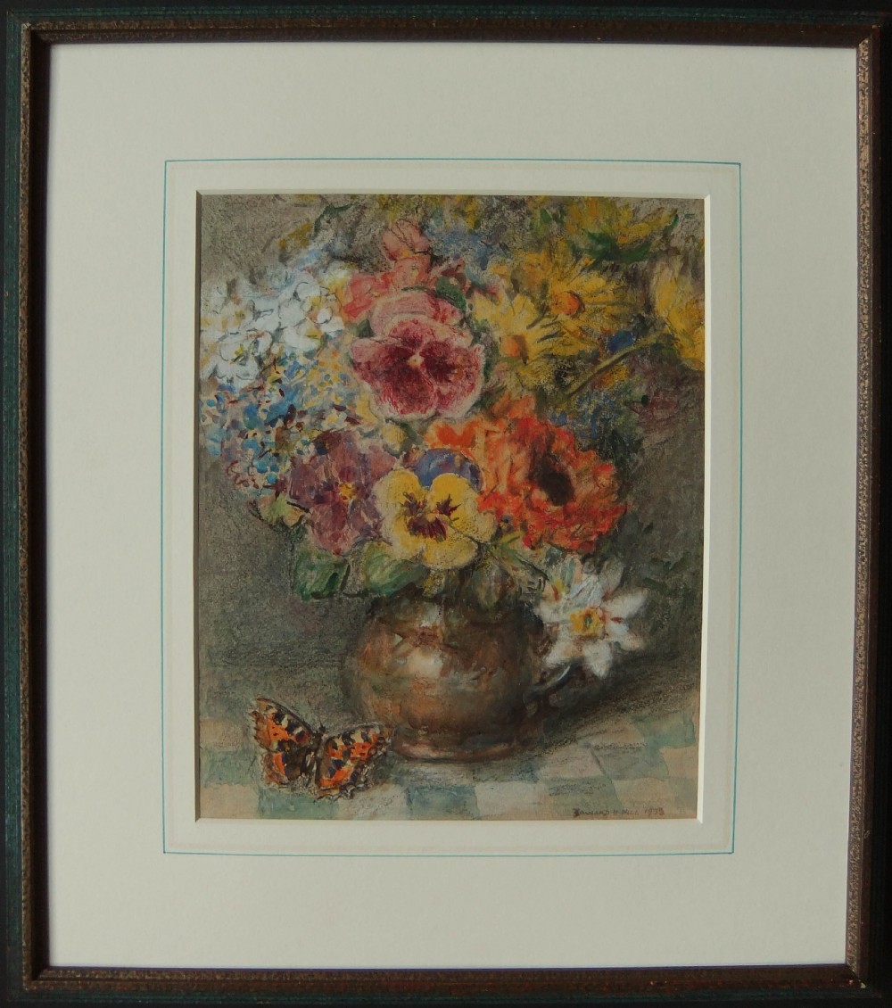 A watercolour painting depicting a vase filled with colorful spring flowers including pansies, alongside a butterfly resting on a chequered surface. View II
