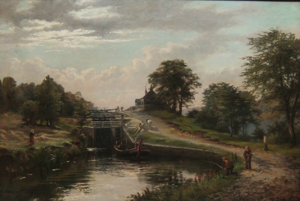 An antique oil painting depicting a countryside canal lock with figures fishing, a towpath, mature trees, and a cloudy sky.