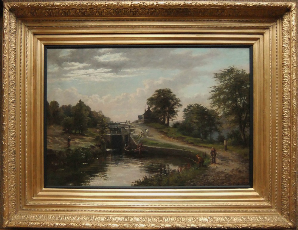 An antique oil painting depicting a countryside canal lock with figures fishing, a towpath, mature trees, and a cloudy sky. View II
