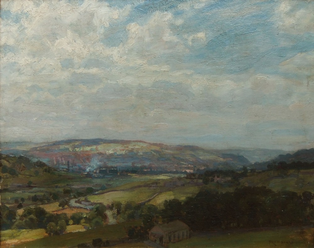 An antique oil painting depicting an expansive green valley and hills under a cloudy sky in Yorkshire by Fred Stead.
