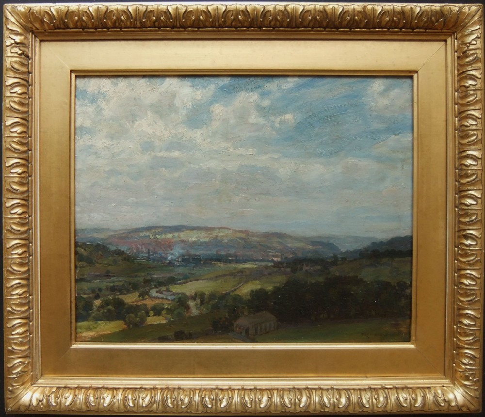 An antique oil painting depicting an expansive green valley and hills under a cloudy sky in Yorkshire by Fred Stead. View II
