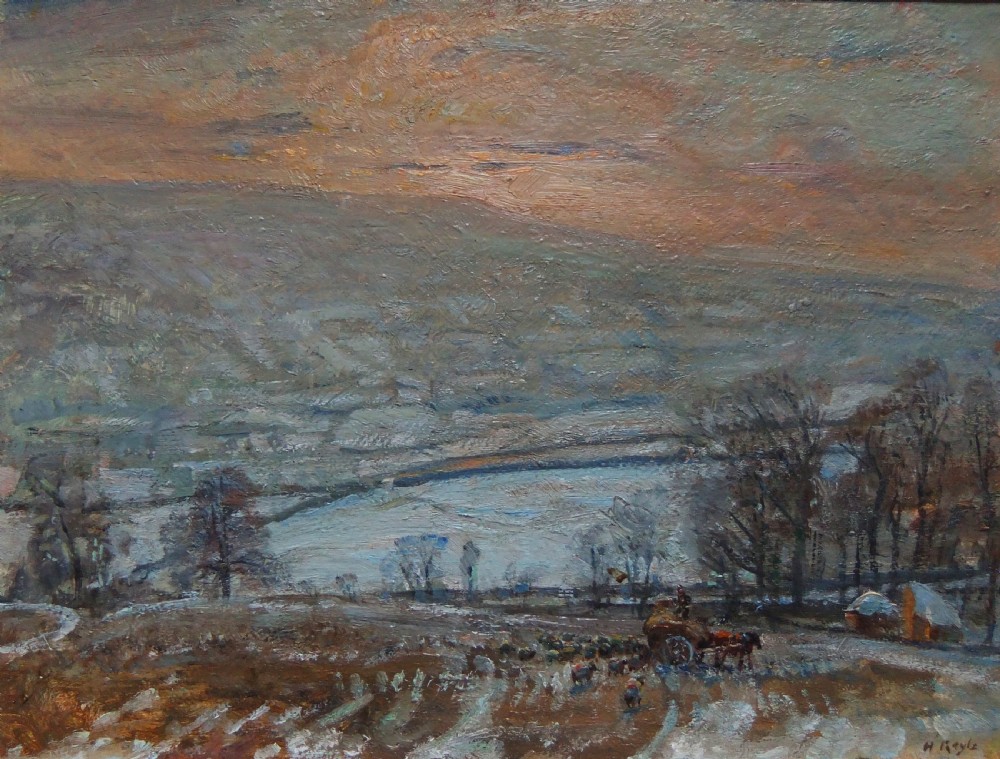 An impressionist oil painting depicting a hazy winter landscape in Wharfedale with a horse and cart in the foreground under a dusky sky.