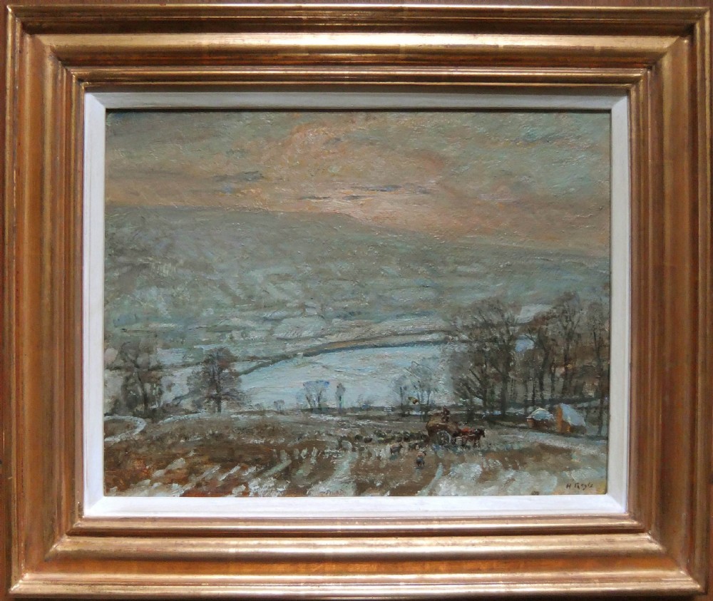 An impressionist oil painting depicting a hazy winter landscape in Wharfedale with a horse and cart in the foreground under a dusky sky. View II