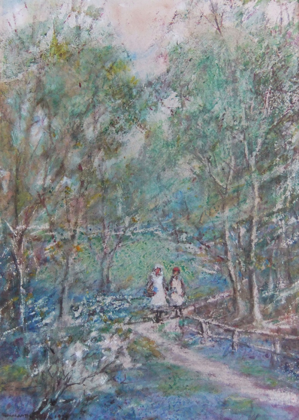 An antique watercolour painting titled The Bluebell Wood by Rowland Henry Hill, depicting two figures walking along a path through a woodland carpeted in blue flowers.