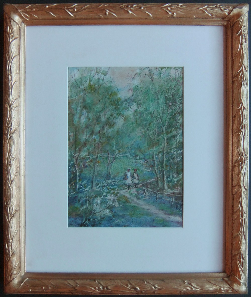 An antique watercolour painting titled The Bluebell Wood by Rowland Henry Hill, depicting two figures walking along a path through a woodland carpeted in blue flowers. View II