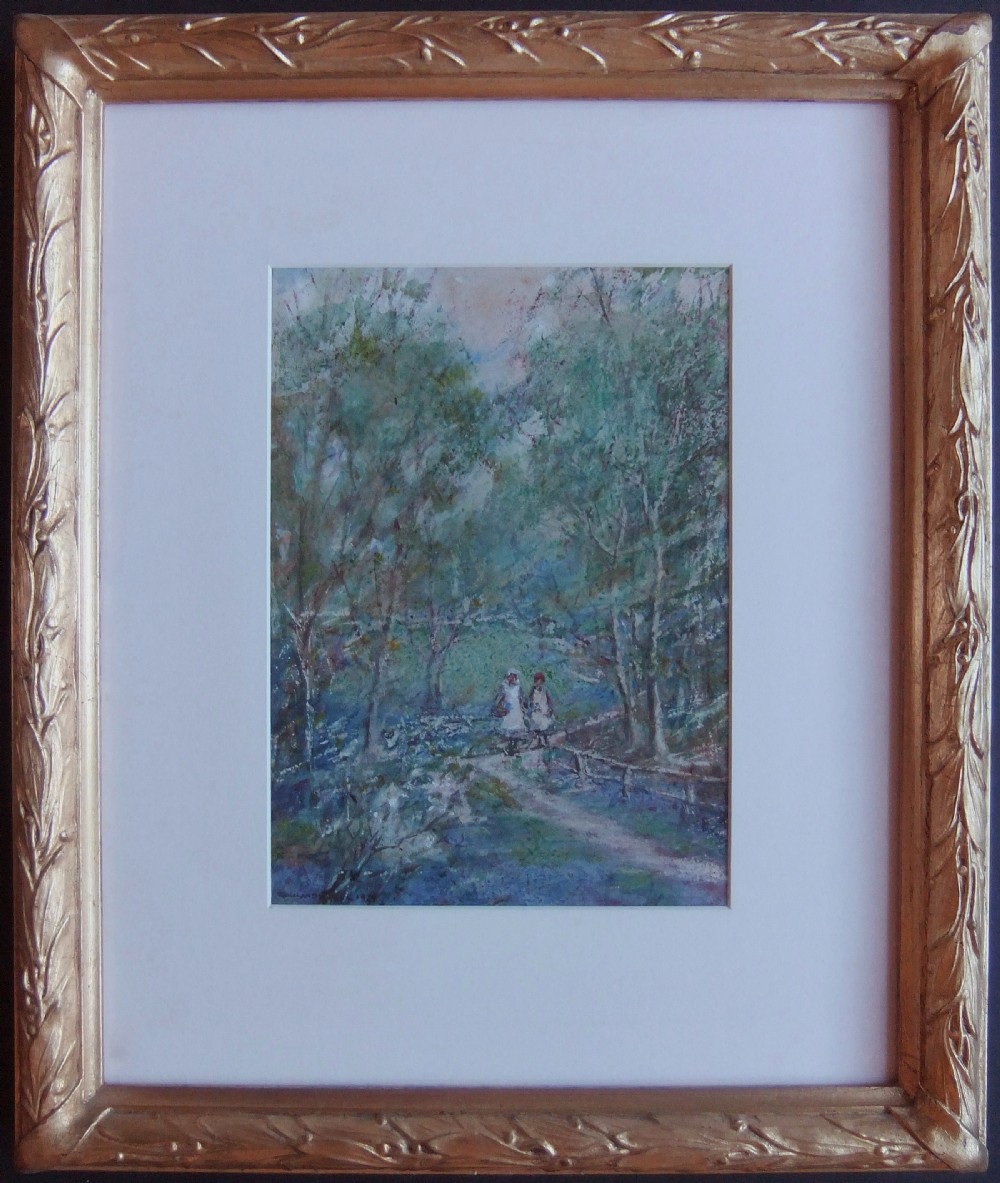 An antique watercolour painting titled The Bluebell Wood by Rowland Henry Hill, depicting two figures walking along a path through a woodland carpeted in blue flowers. View III