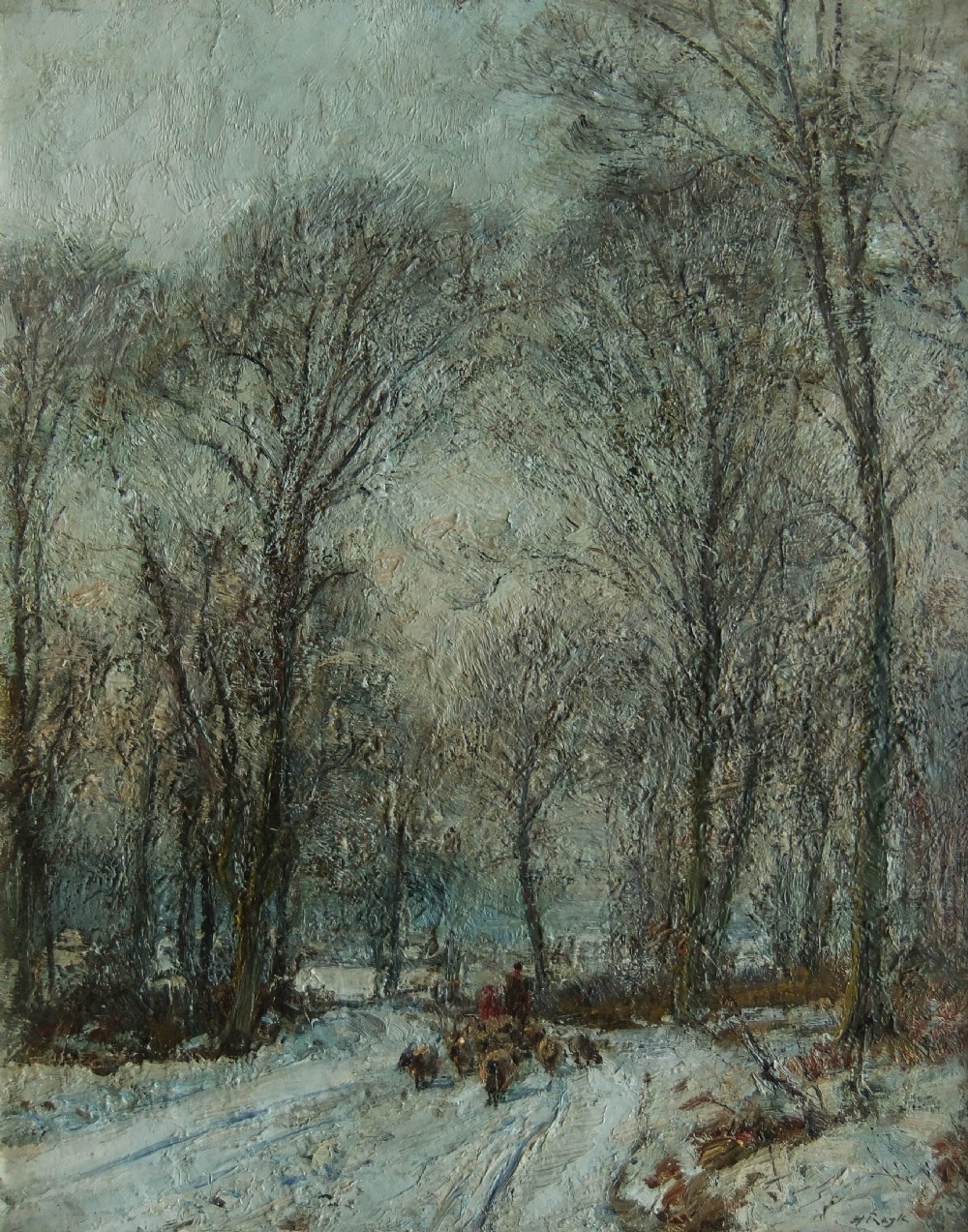 An impressionist oil painting depicting a snow-covered woodland track with bare trees and a figure driving sheep.