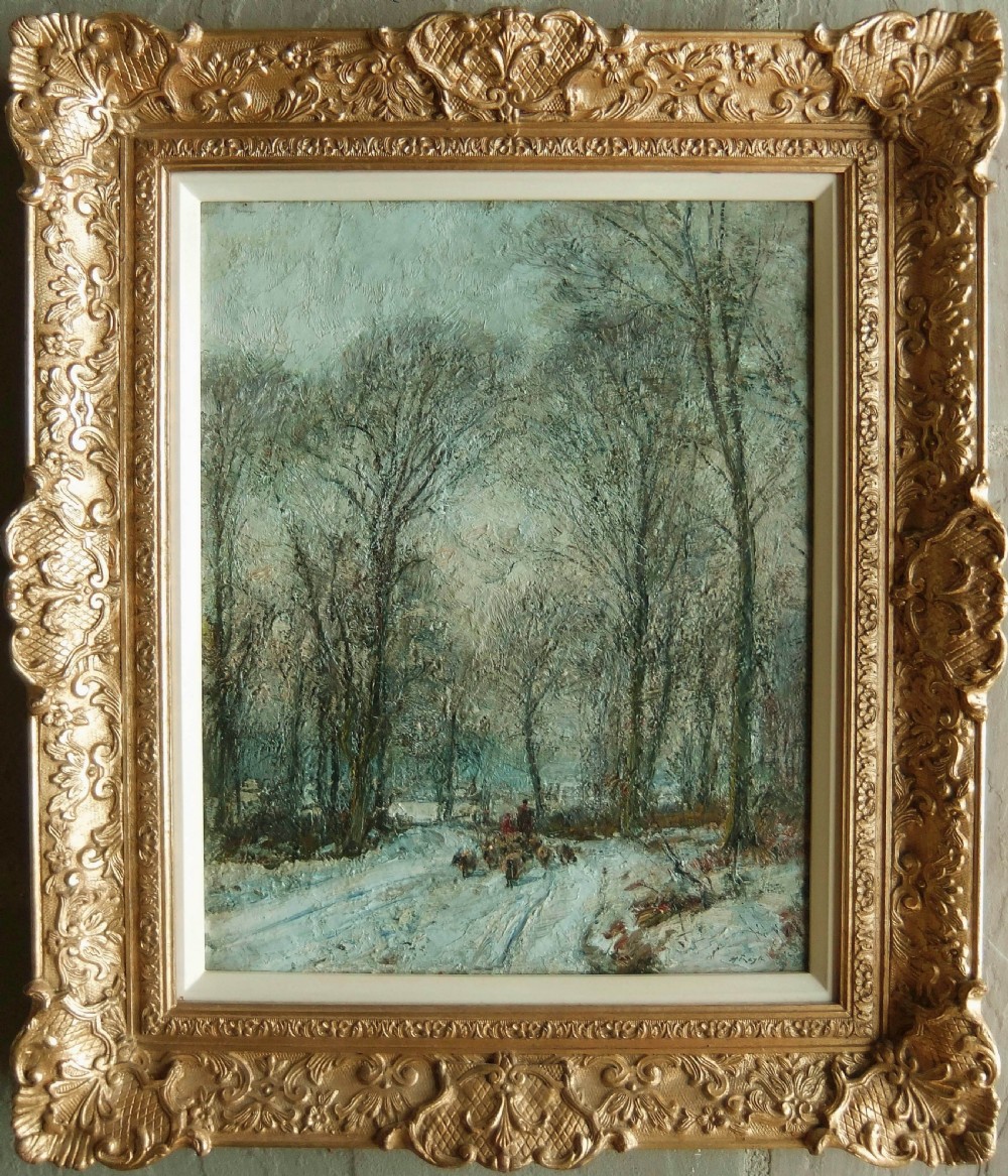 An impressionist oil painting depicting a snow-covered woodland track with bare trees and a figure driving sheep. View II