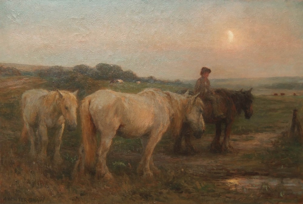 An original oil painting depicting draft horses and a rider standing along a countryside path at dusk.