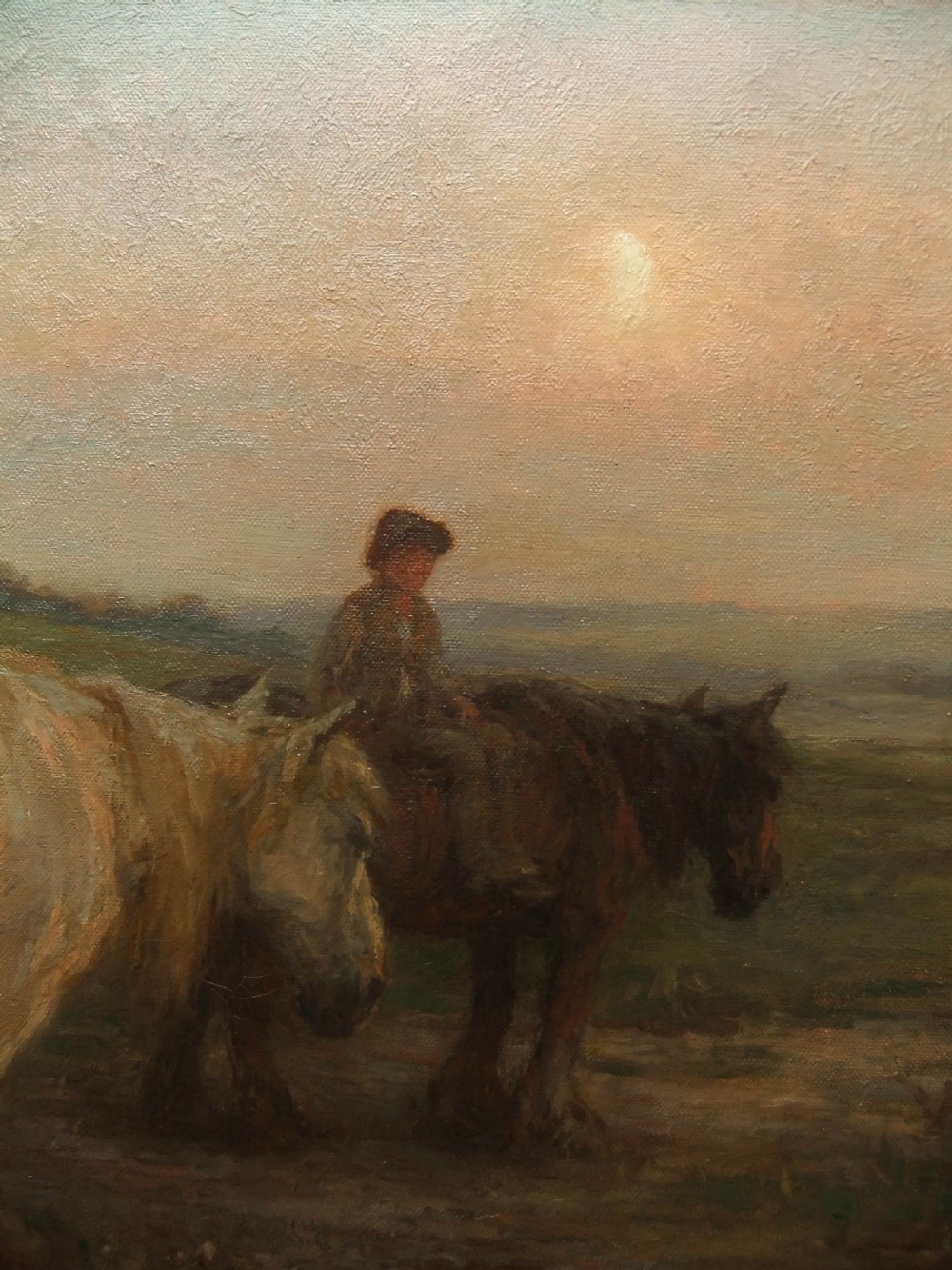 An original oil painting depicting draft horses and a rider standing along a countryside path at dusk. View II