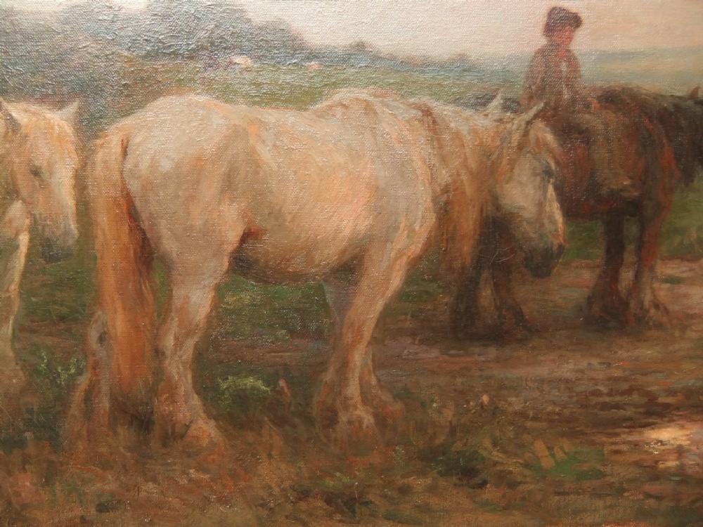An original oil painting depicting draft horses and a rider standing along a countryside path at dusk. View III