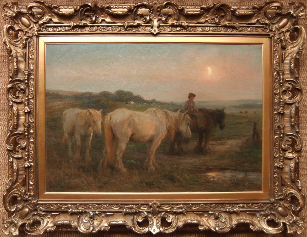 An original oil painting depicting draft horses and a rider standing along a countryside path at dusk. View IV