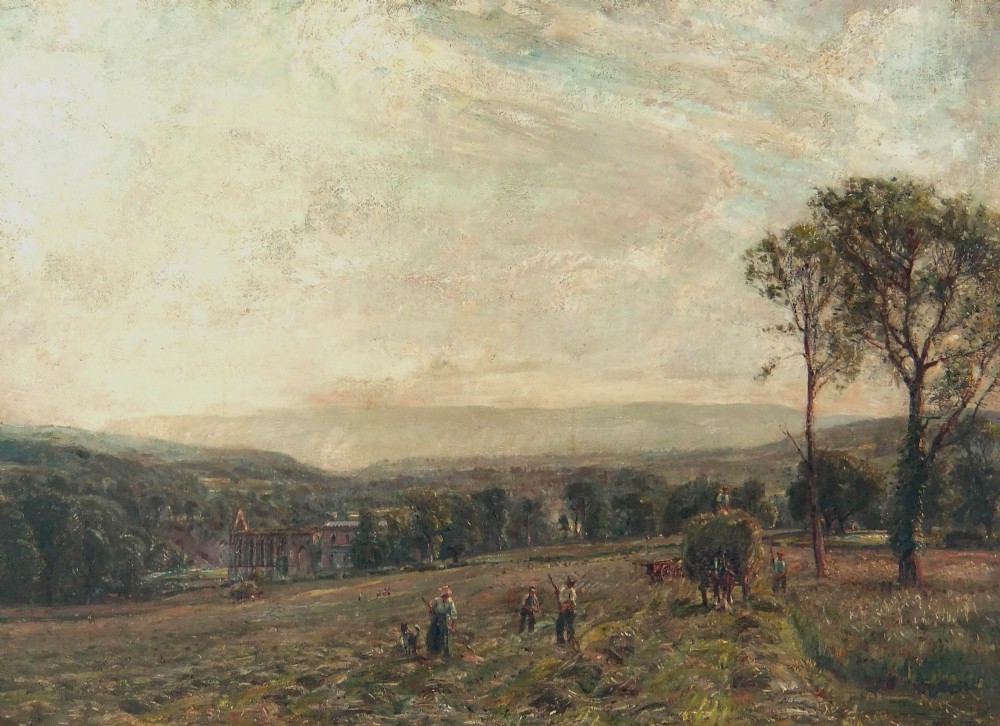 An oil painting depicting agricultural labourers harvesting hay in a field with trees and Bolton Abbey visible in the background under an expansive sky.