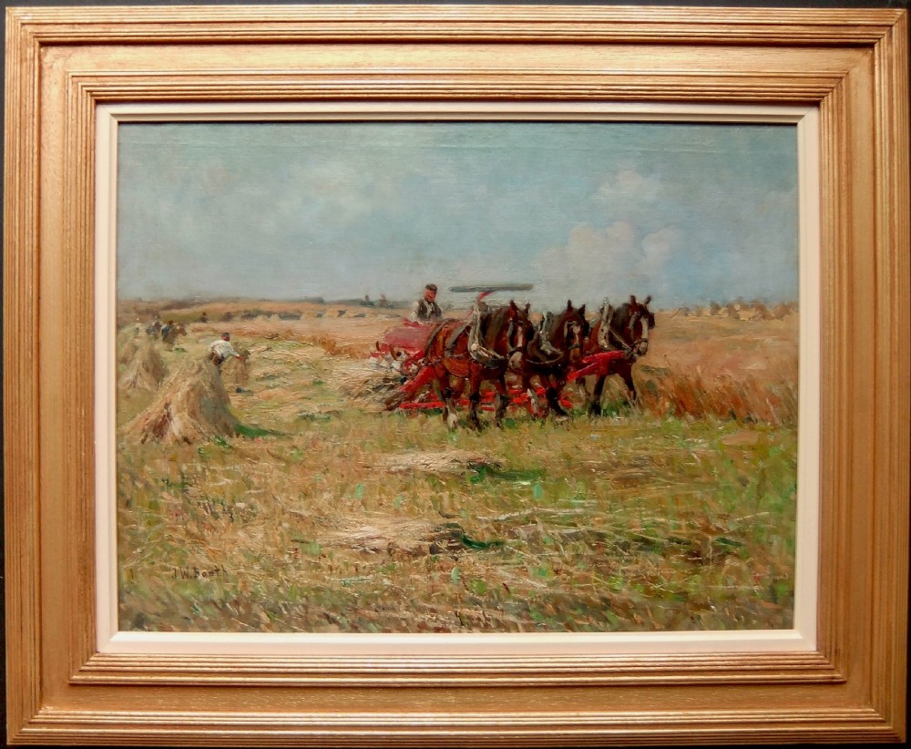 A framed oil painting depicting farm labourers and horses harvesting wheat in an open field.