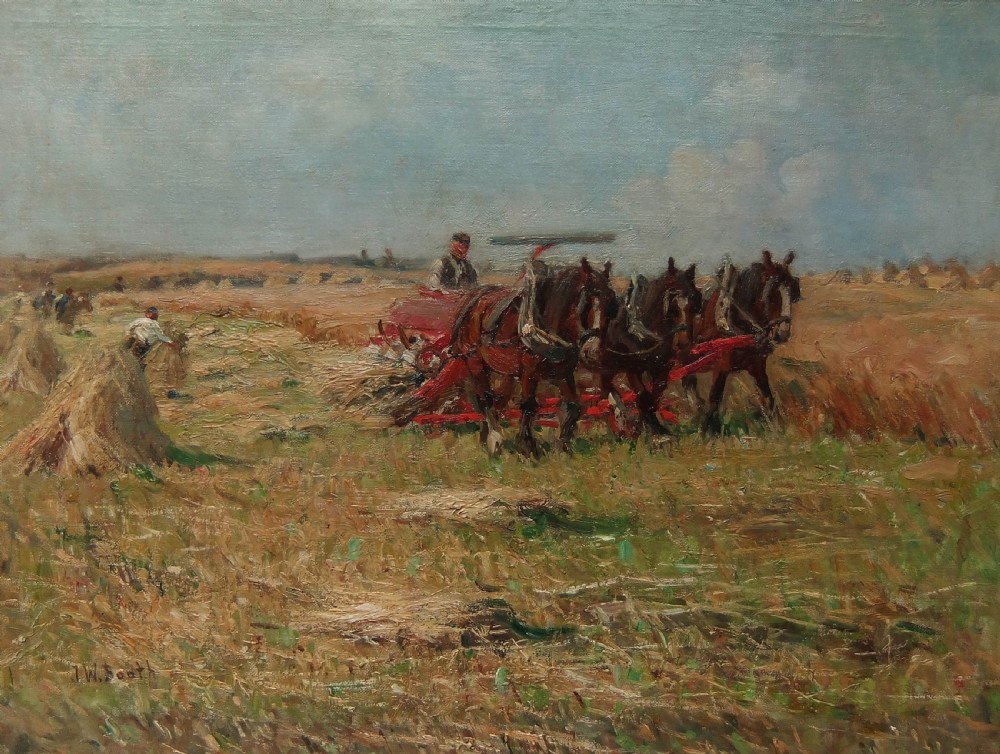 A framed oil painting depicting farm labourers and horses harvesting wheat in an open field. View III
