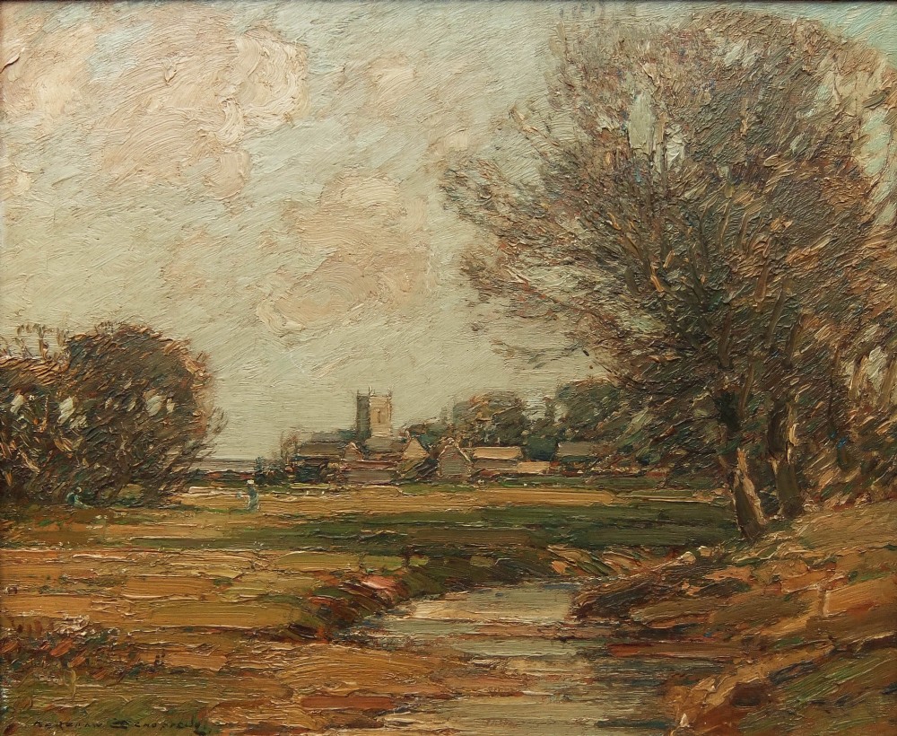 An impressionist landscape oil painting depicting a stream in the foreground with trees and a village church spire in the background under a cloudy sky.