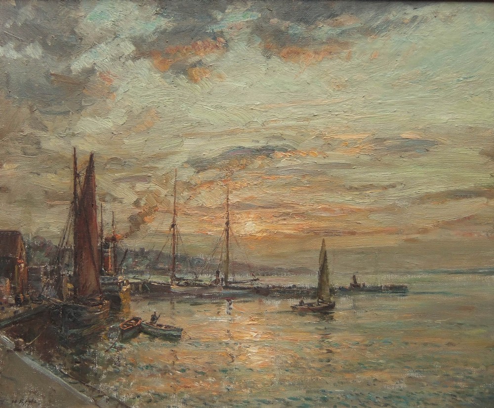 An impressionist marine oil painting depicting several sailing ships moored in a harbour at sunset with warm light reflecting on the water.